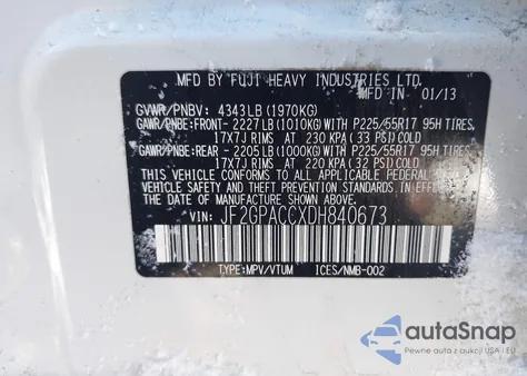 2013 Subaru Xv Crosstrek 2.0I Premium z USA, uszkodzony, nr VIN JF2GPACCXDH840673